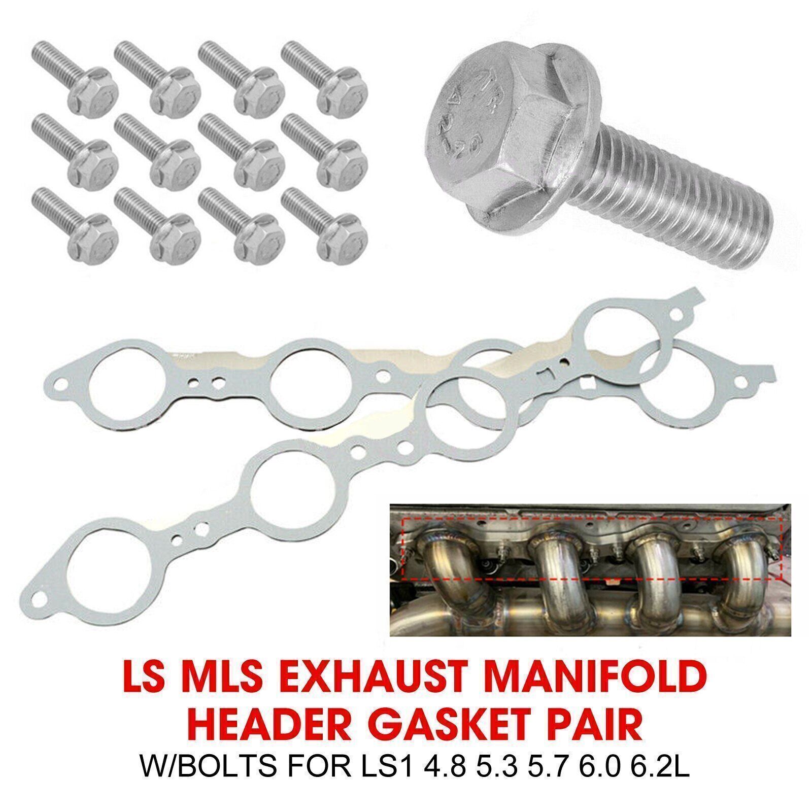 LS MLS Exhaust Manifold Header Gasket Pair W/Bolts For LS1 4.8 5.3 5.7 6.0 6.2RB