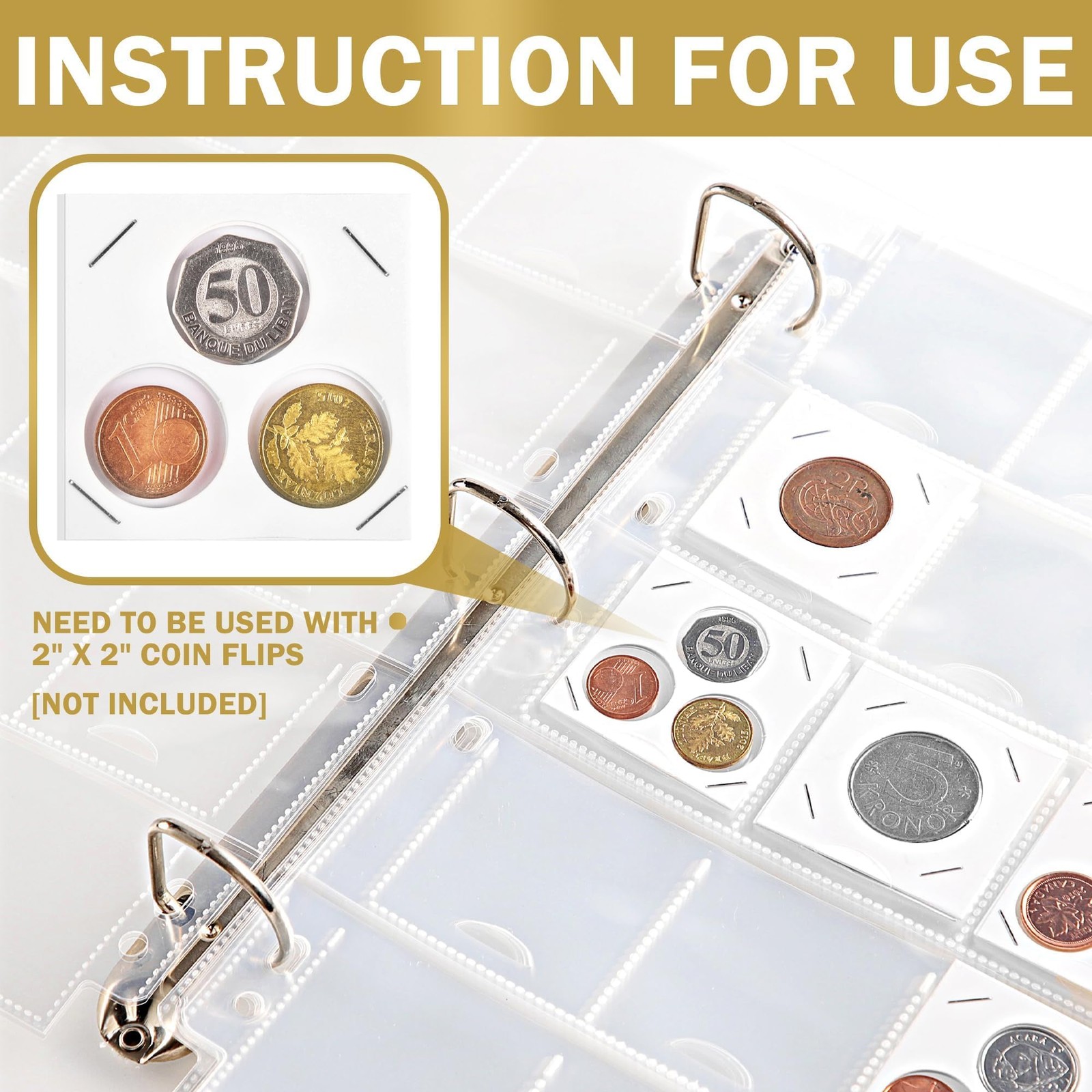 30 Sheets Uncle Paul Coin Binder Sheets 2" x 2" Coin Flips - 600 Pockets 7 Holes