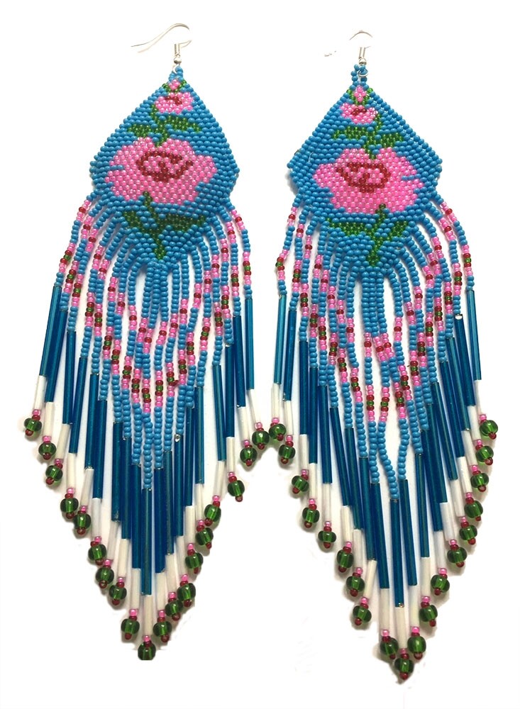 NATIVE STYLE BEADED HANDMADE BLUE EXTRA LONG ROSE FLOWER HOOK EARRINGS