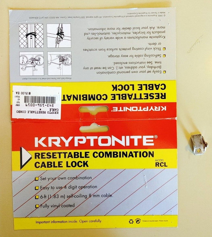 2-PRONGED PIN + INSTRUCTIONS - Kryptonite Resettable Combination Cable Lock Bike