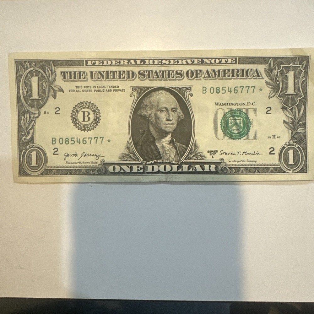 2017    $1 Dollar Bill Star Note, Miscut Cut Error and Low Serial Number