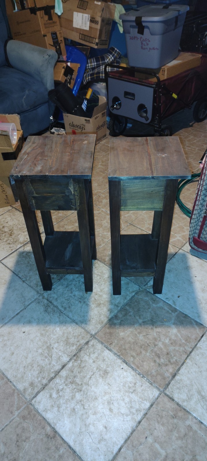 Pair of Rustic Dark Wood Nightstands with Drawer, Shelf, Storage, Matte Finish
