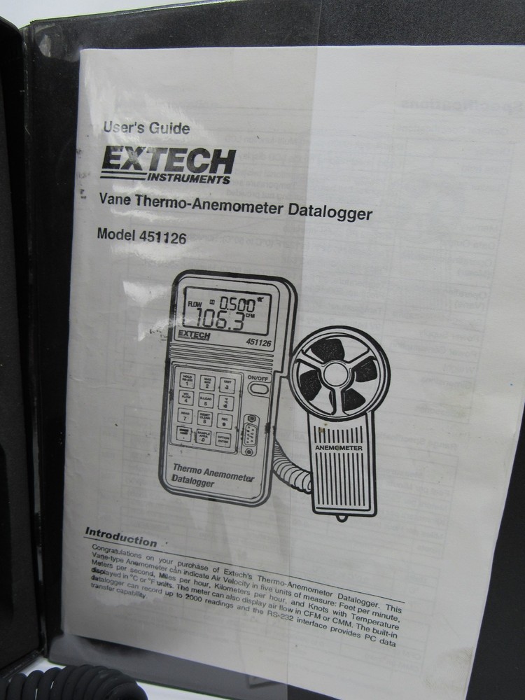 Extech 451126 Vane Thermo-Anemometer Datalogger Case, Manual & Software damaged