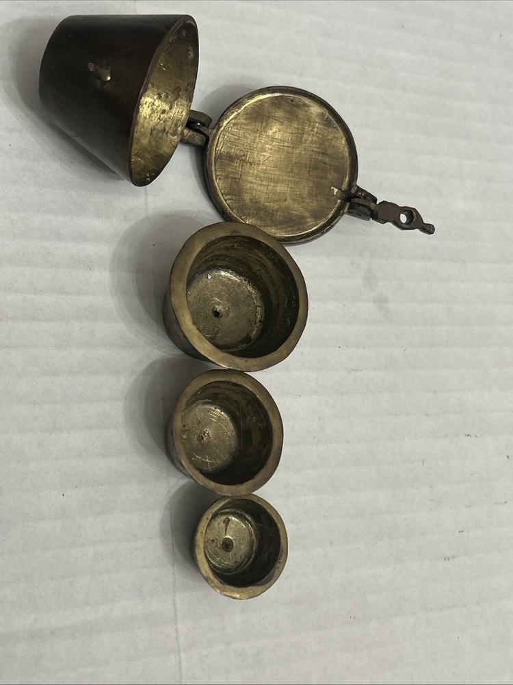 Antique 18th Century Solid Thick Brass Lidded Case And Nested Weigth Set 4 Piece