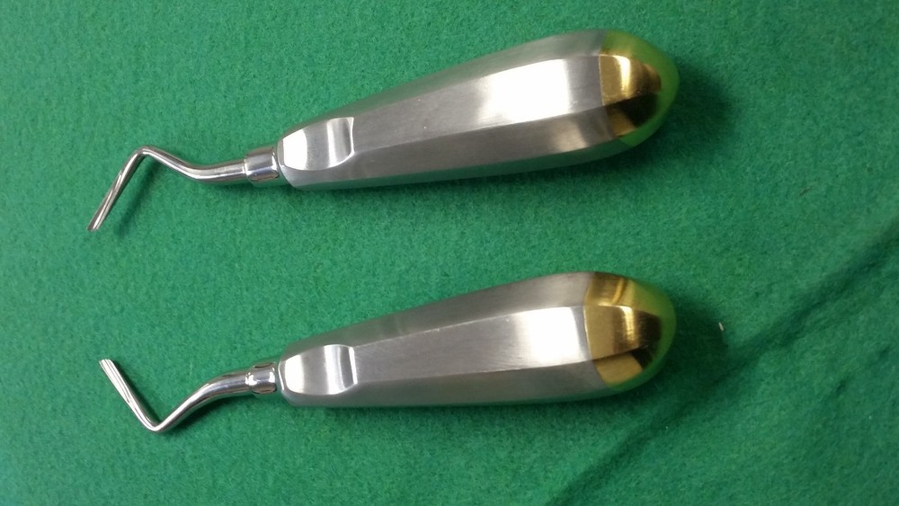 2 DENTAL ROOT TIP ELEVATOR FLAT END TIP W /GOLD HANDLE