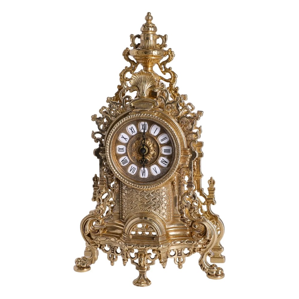 Baroque Brass Triptych Shelf Table Clock Working ITALY