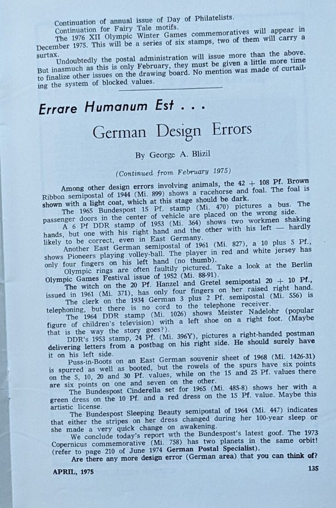 German Postal Specialist Apr 1975 German Stamp Design Errors Century Cards