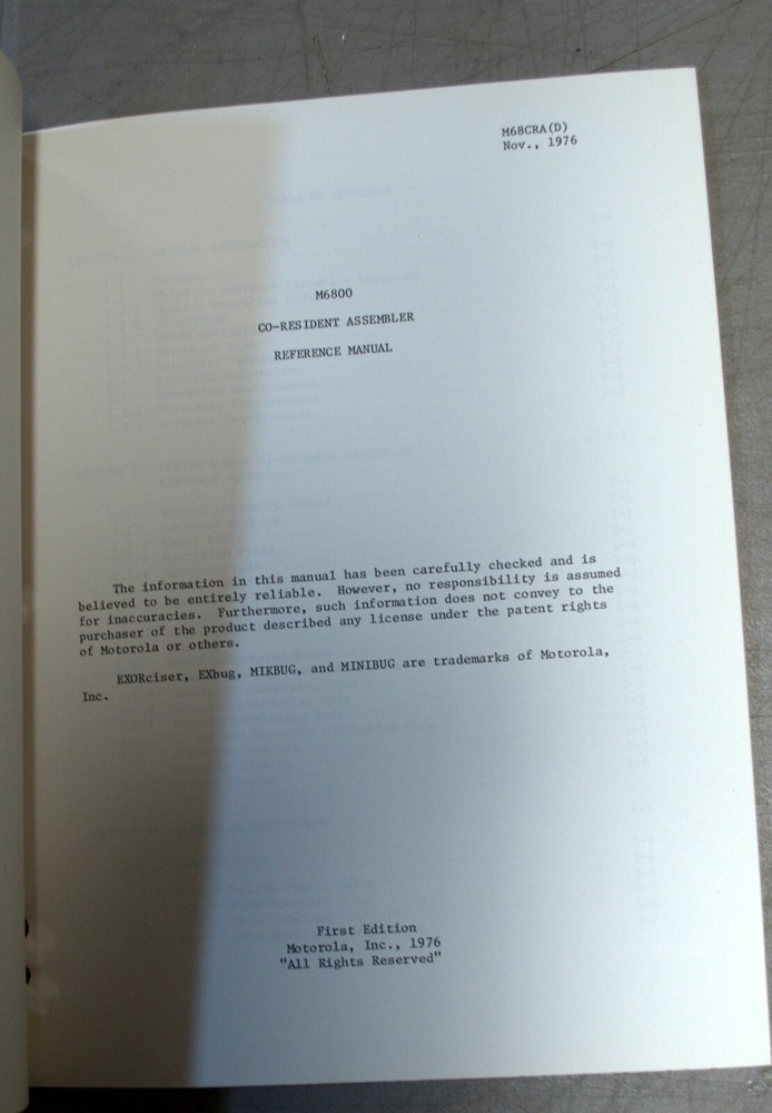 Original M6800 Co-Resident Assembler Reference Manual 1976 - ships worldwide!