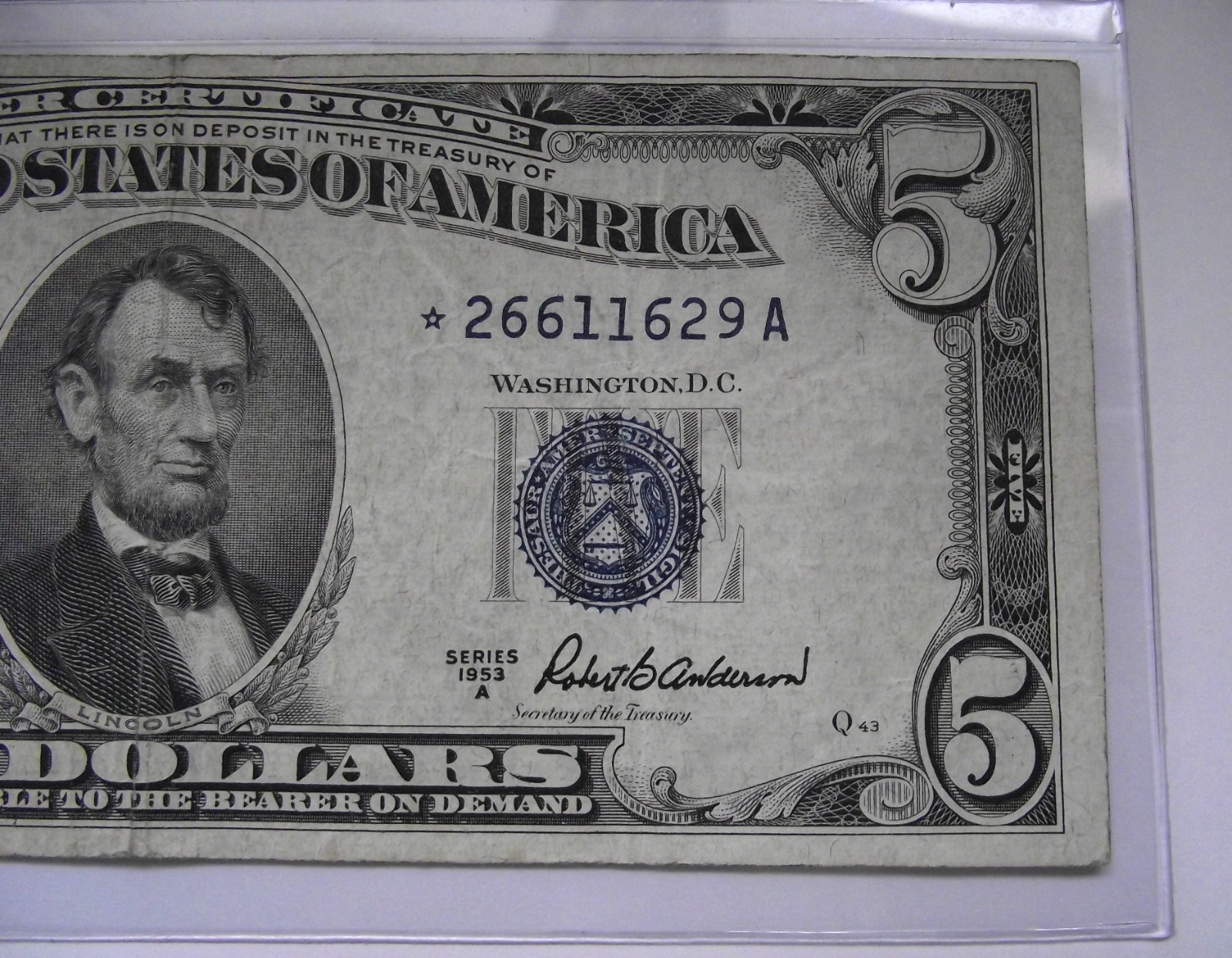 1953-A $5 Silver Certificate Star Note Blue Seal