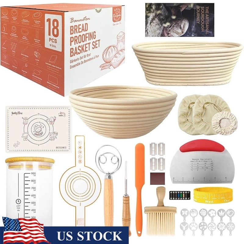 Complete 18 Piece Sourdough Baking Kit Proofing Baskets Tools Beginners Gift New