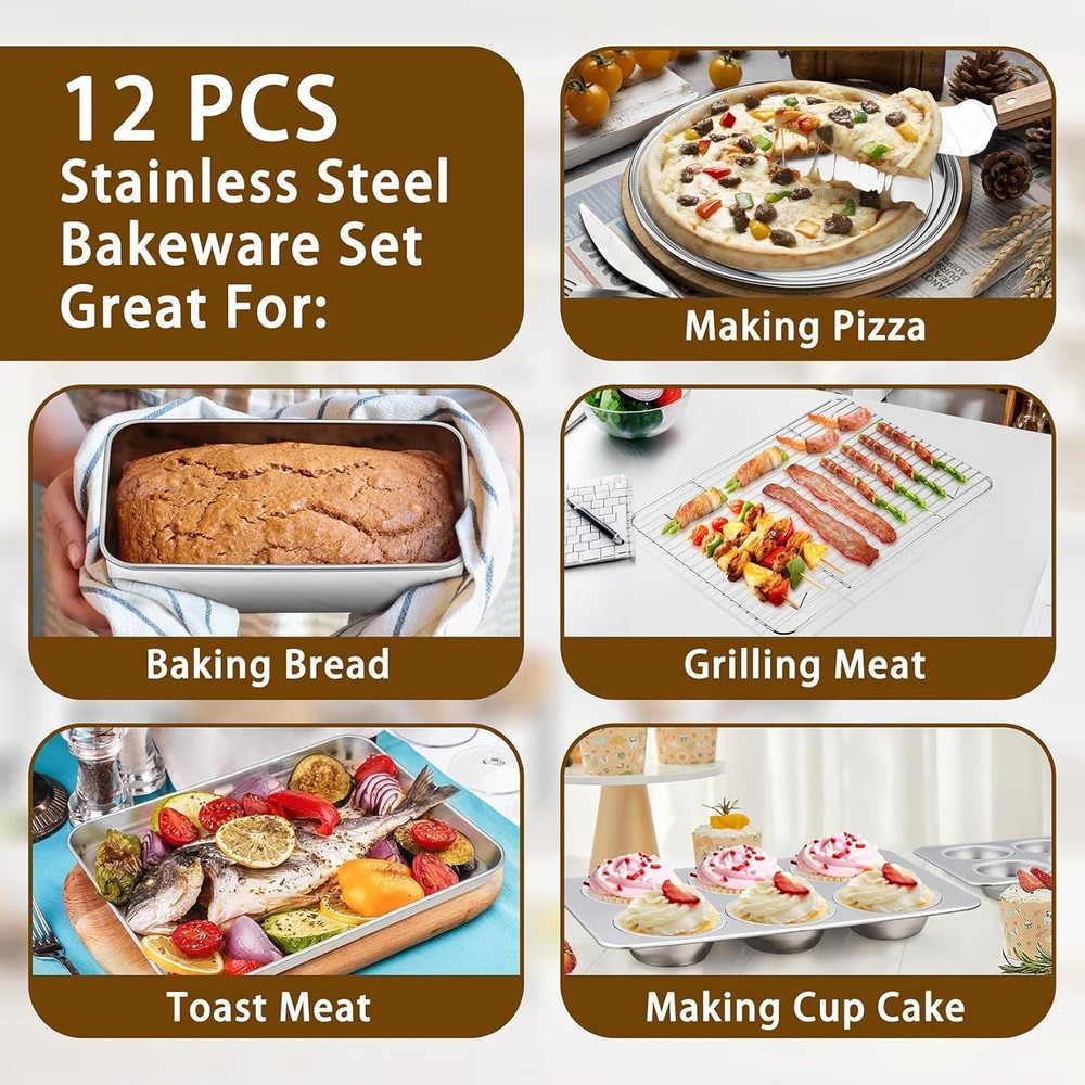 Stainless Steel Bakeware Set 12-Piece Kitchen Baking Pans Set Baking Sheet W/