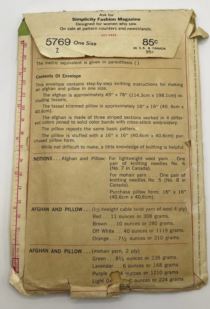 Simplicity 5769 knitting pattern afghan and pillow vintage 1973