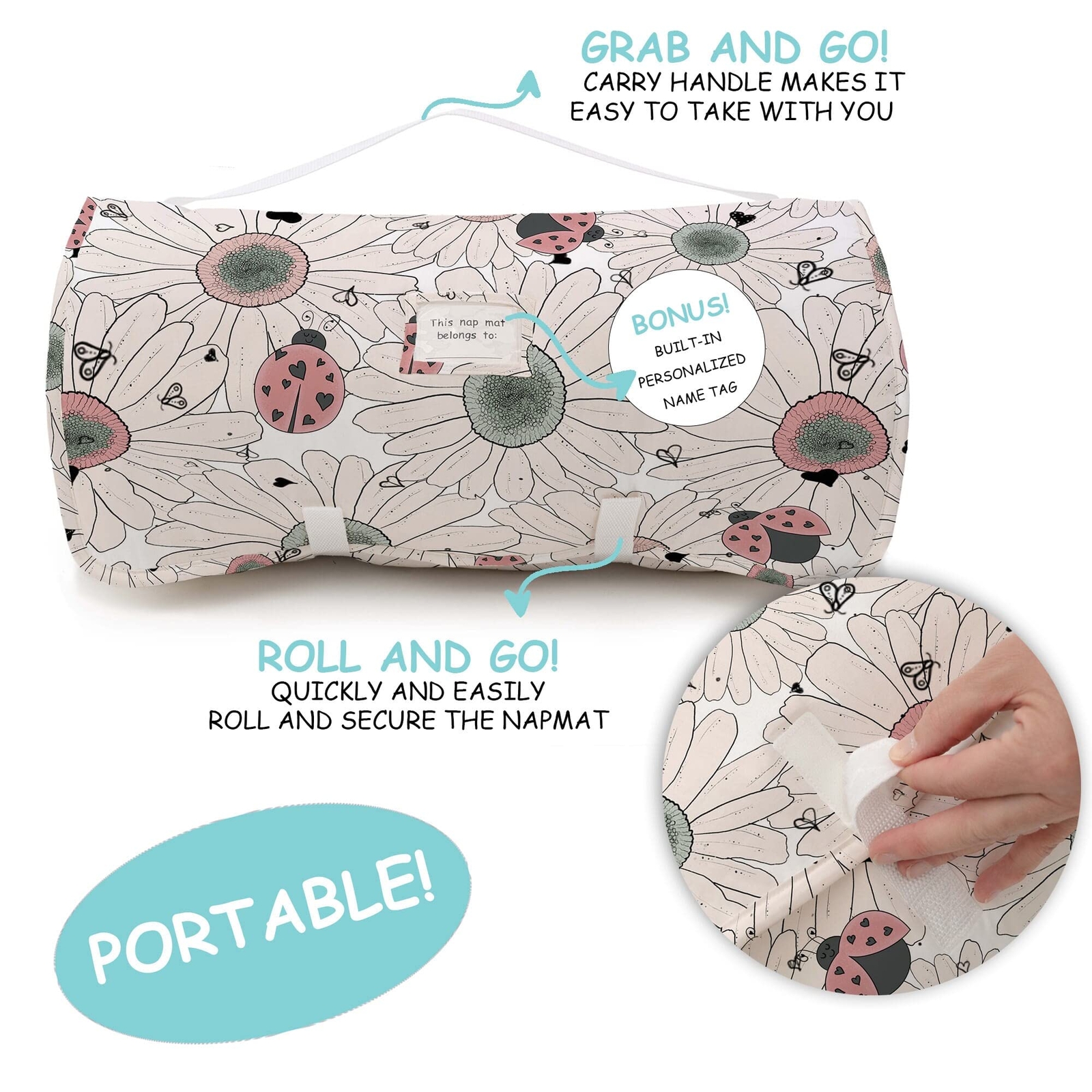 JumpOff Jo Toddler Nap Mat with Removable Pillow, Floral / Daisy Bug ( 53"x21")