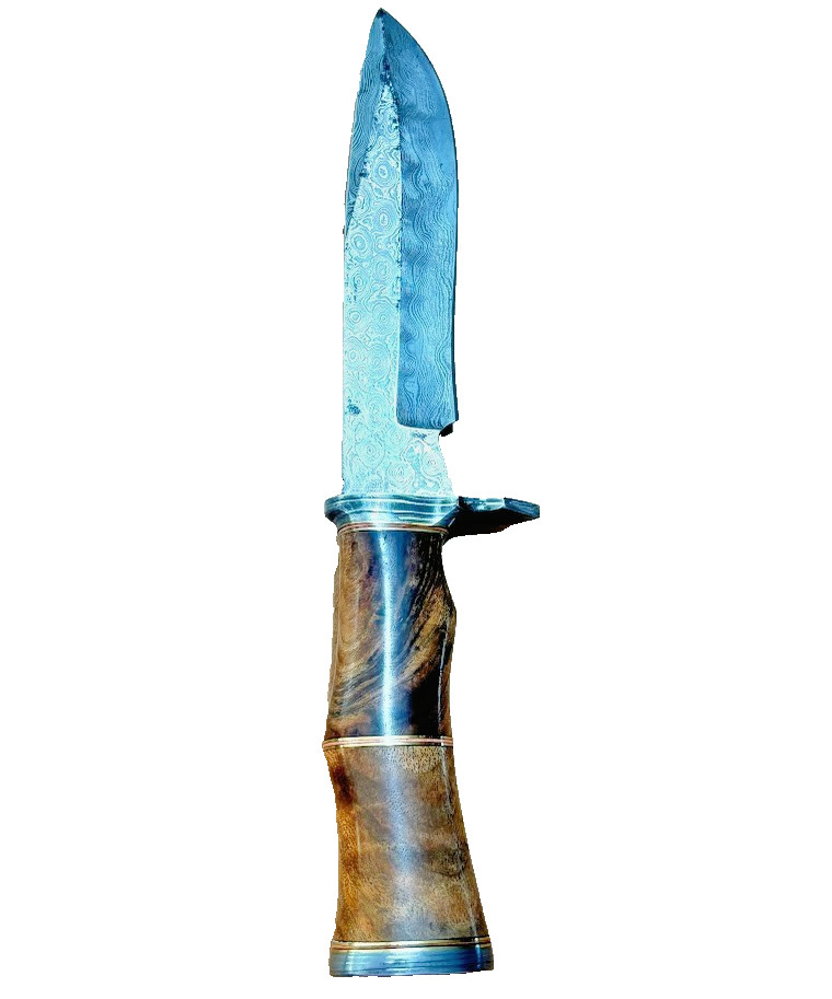 Damascus Blade 11" Bowie Knife with Leather Sheath Wood Handle Knives