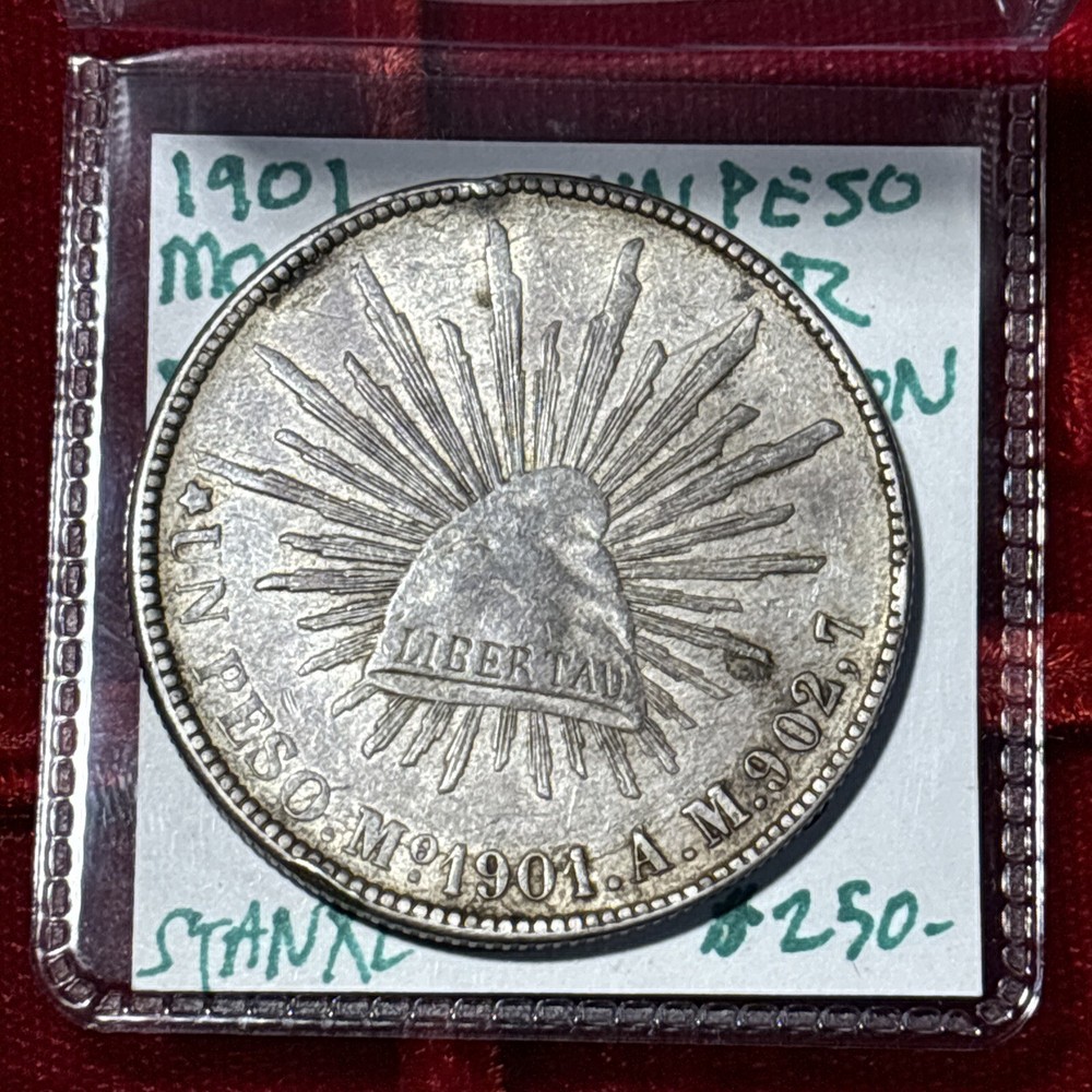 1901 Mo AM Mexico - Silver Peso Cap & Rays Error Planchette Lamination