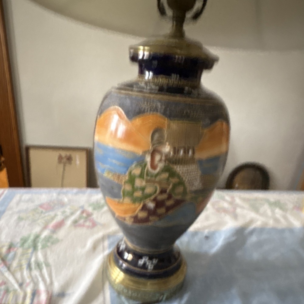 Asian Pattern Multicolor Painted Ceramic Table Lamp with Shade and Switch