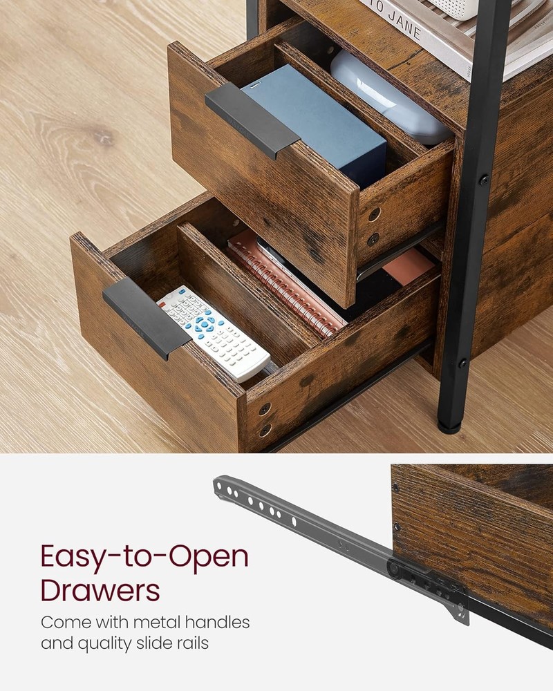 VASAGLE Side Table with Charging Station, Narrow End Rustic Brown + Black