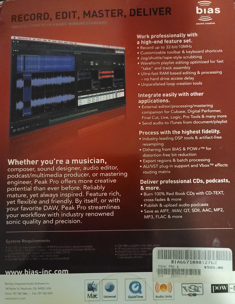 Bias Peak Pro 6 Audio Editing Processing and Mastering Software 2009 Read Below!