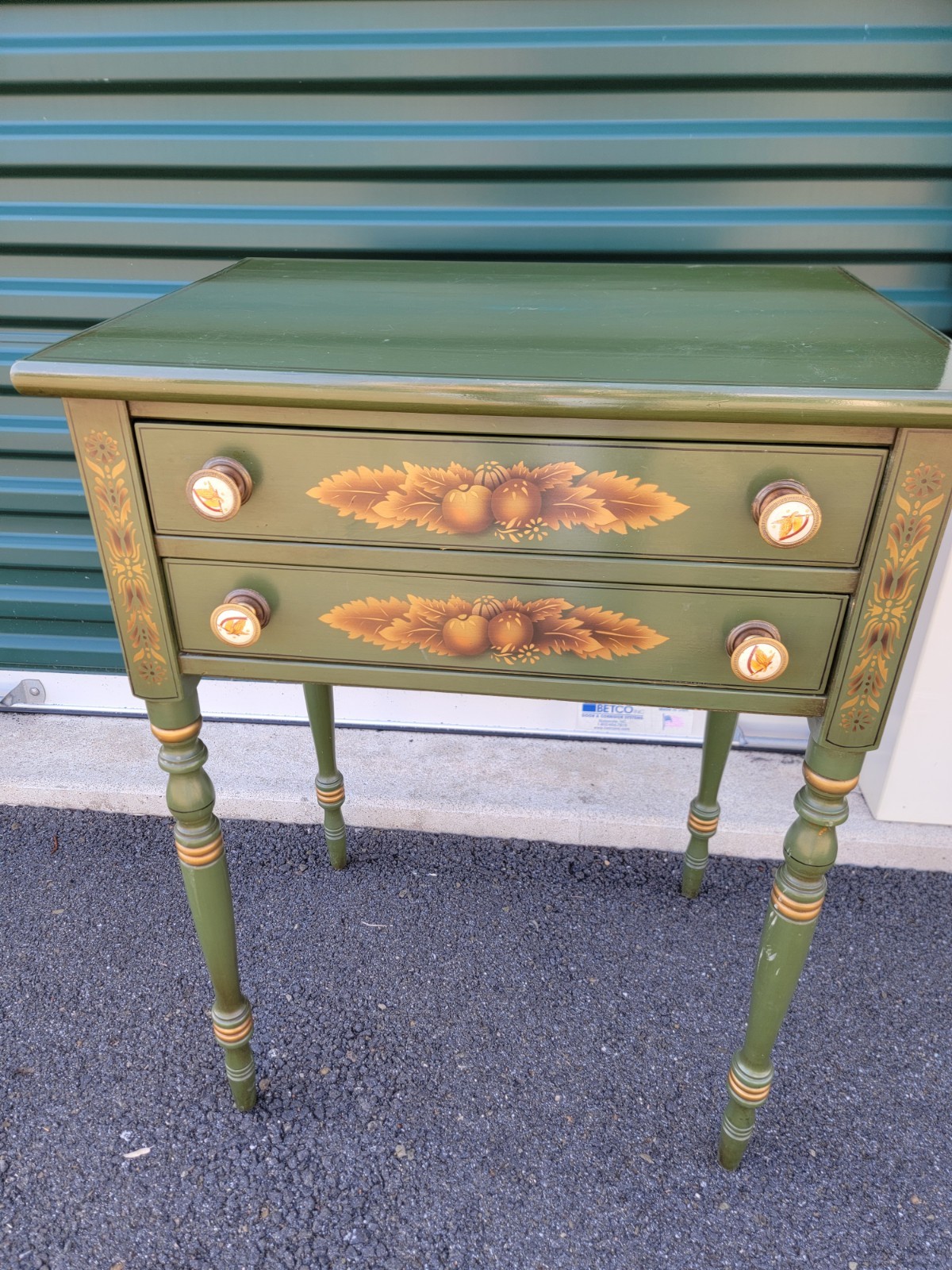 L. Hitchcock 2-drawer End/Side/Work Table Dark Green Stenciled drawers