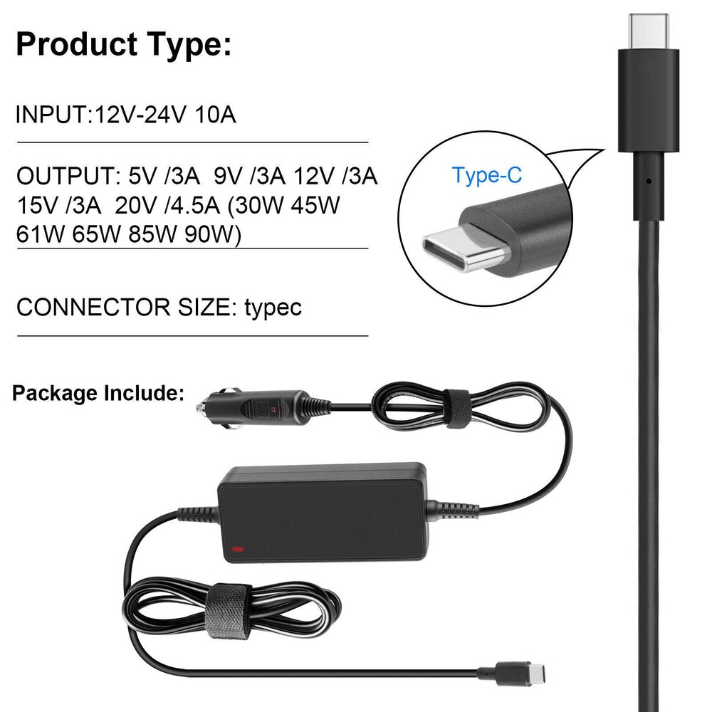PD 90W/65W Car Cigarette Lighter Socket to USB-C Type-C Power Supply Adapter