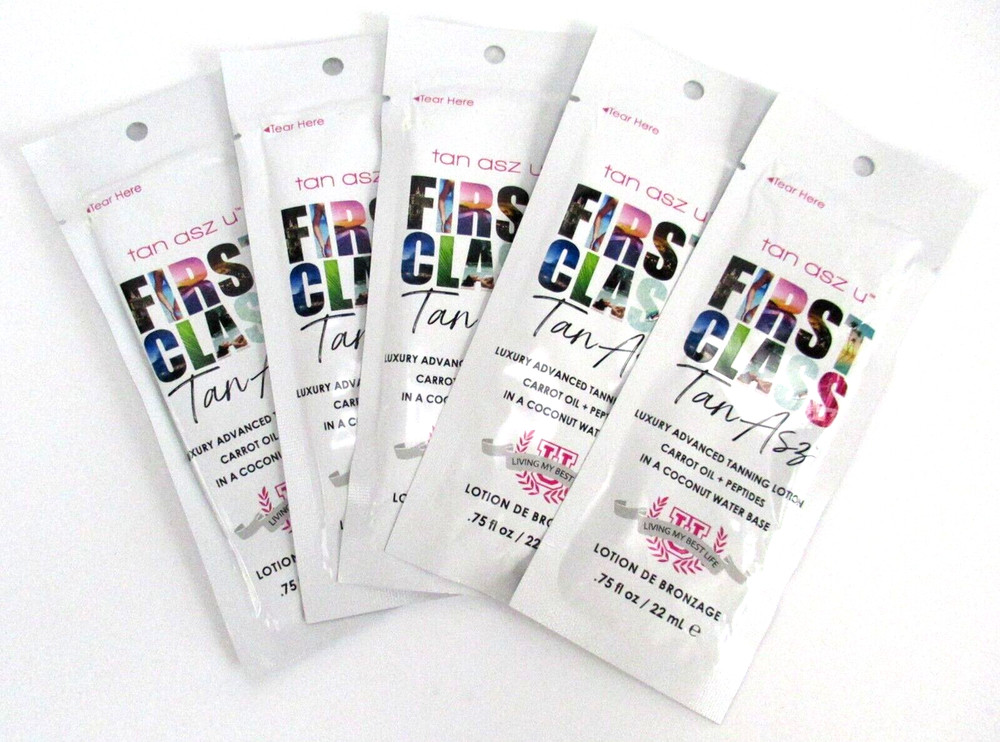 First Class Tan Tan Asz U Tanning Lotion 5 Sample Packet Bundle .75 oz Maximizer