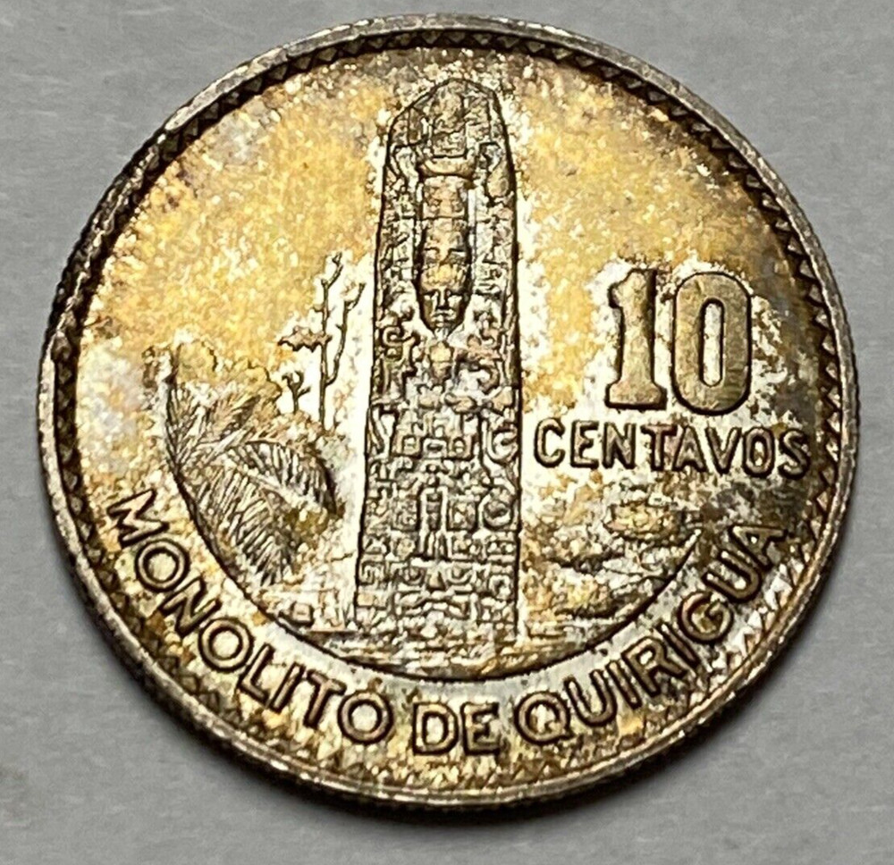 Rare Mint Error 1964 Guatemala Silver 10 Centavos ~ UNC/Toned