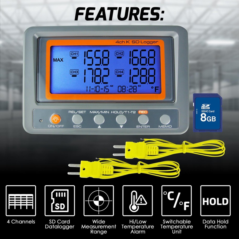K Type Thermometer Data Logger 4 Channels Thermocouple Thermometer Digital Te...