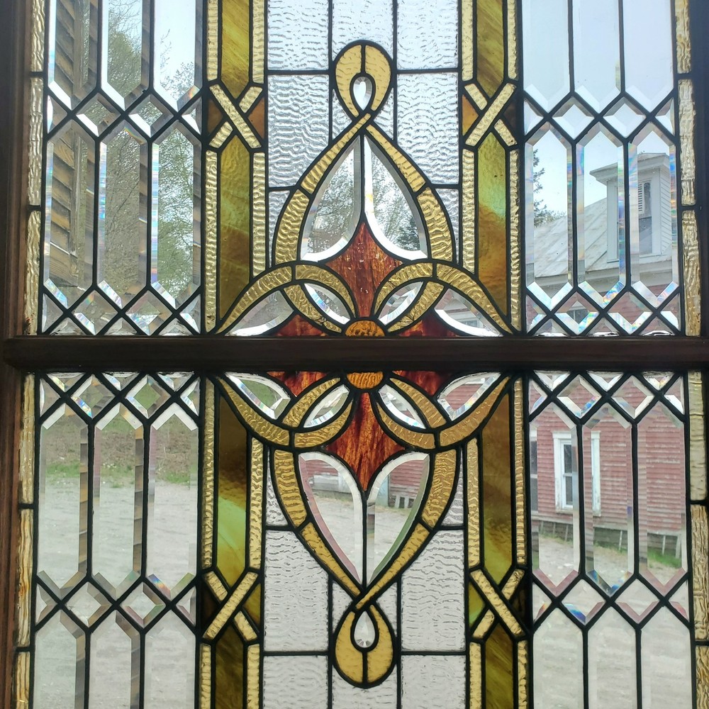 GREAT ANTIQUE BEVELED AND STAINED LANDING WINDOW
