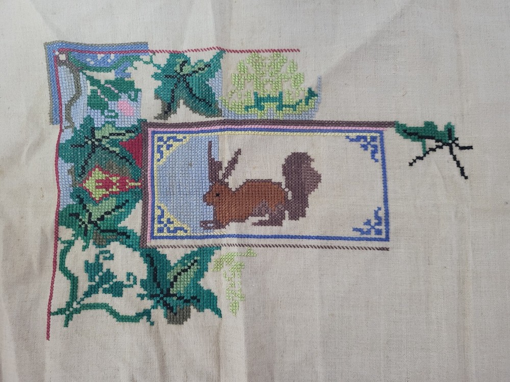 Vintage old embroidery educational Squirrel patterns different on fabric Ukraine