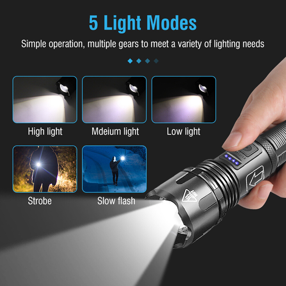 5000000LM LED Flashlight Tactical Light Super Bright Torch USB Rechargeable Lamp