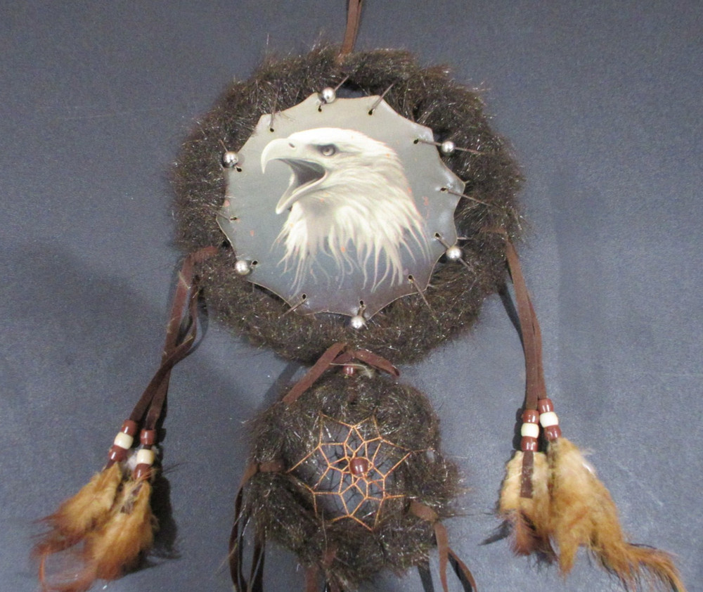 Two Circle Feathered 7" Dream Catcher With Bald Eagle