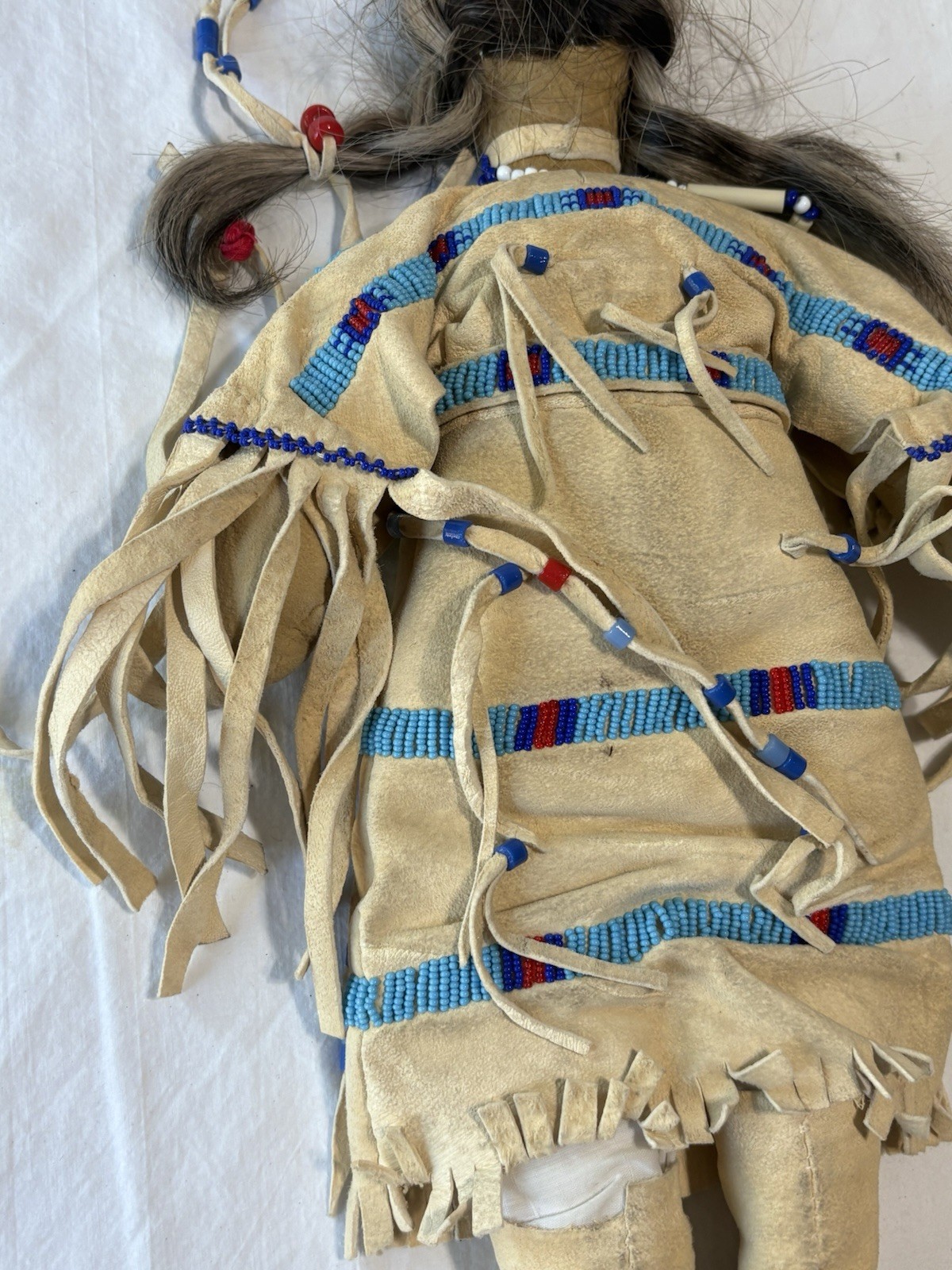 Vintage Native American Handmade Buckskin Beaded Doll 16"” Real Hair