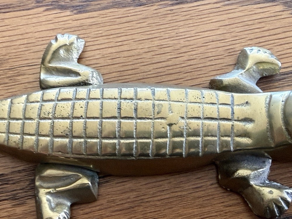 Vintage Solid Brass Alligator Crocodile Nutcracker MCM Figurine 10"