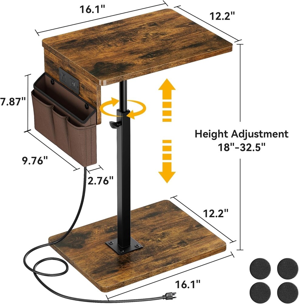 Sofa Armrest Tray Table Couch 360° Swivel Height Adjustable Side Table Small