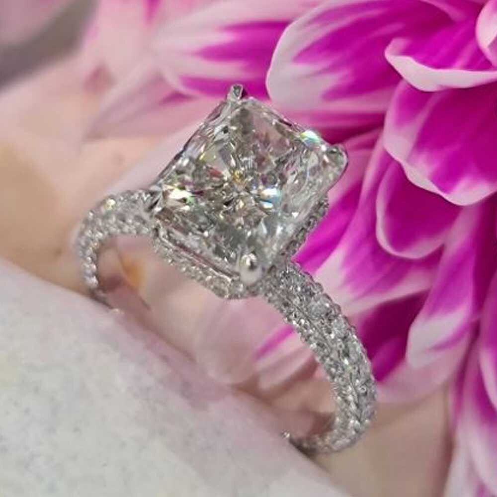 3.8 TCW Radiant Cut Moissanite Hidden Halo Engagement Ring 14K White Gold Plated