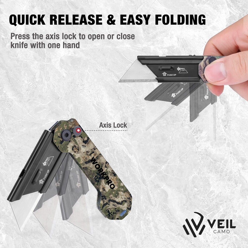 WORKPRO 3Pack Camo Folding Utility Knife Set Pocket Knife w/Quick Open Axis Lock