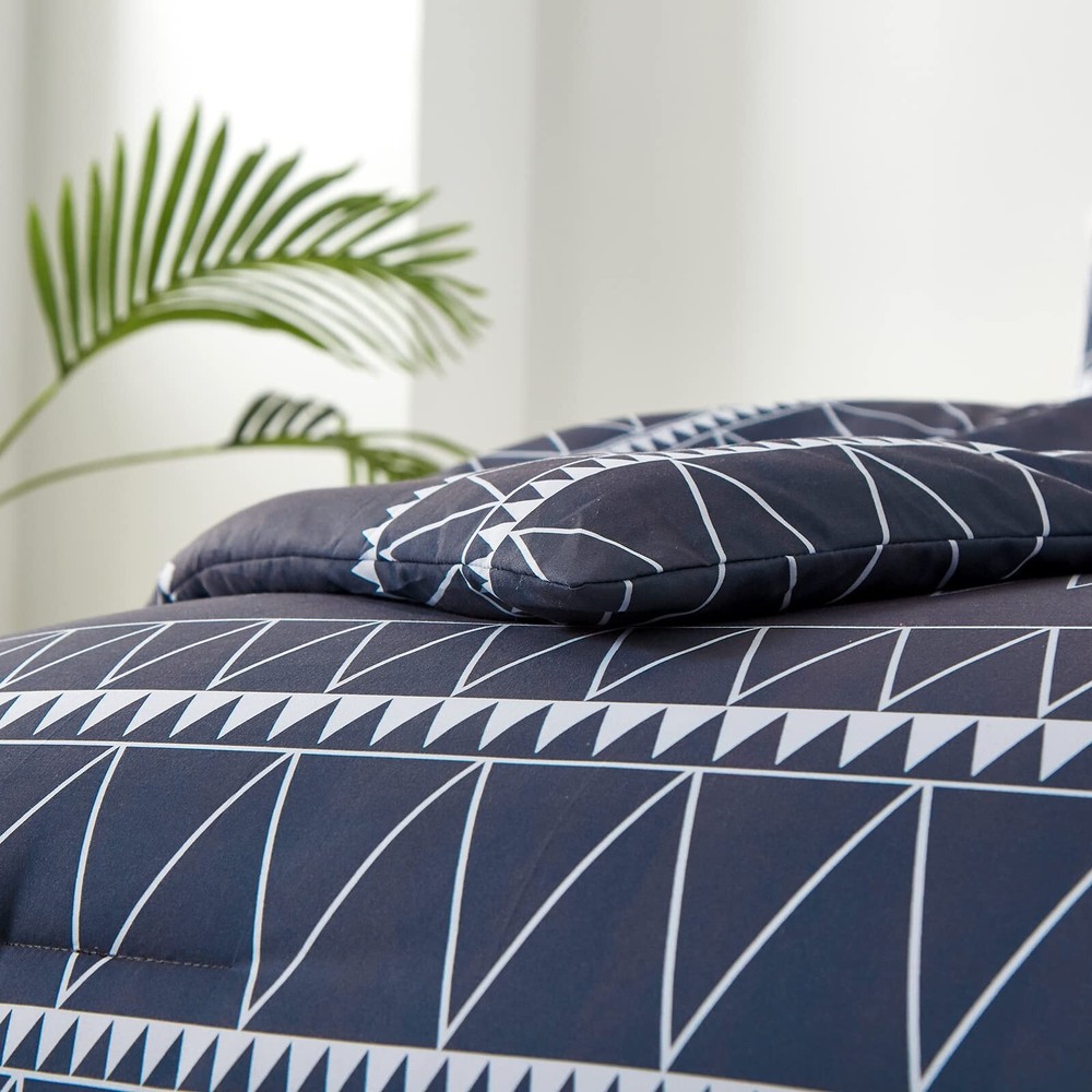 WONGS BEDDING Navy Blue Comforter Set Queen, Reversible Boho Triangle Down Al...