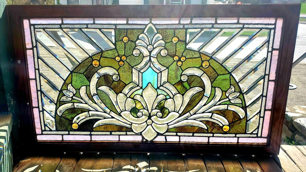 GREAT ANTIQUE STAINED BEVELED GLASS WINDOW