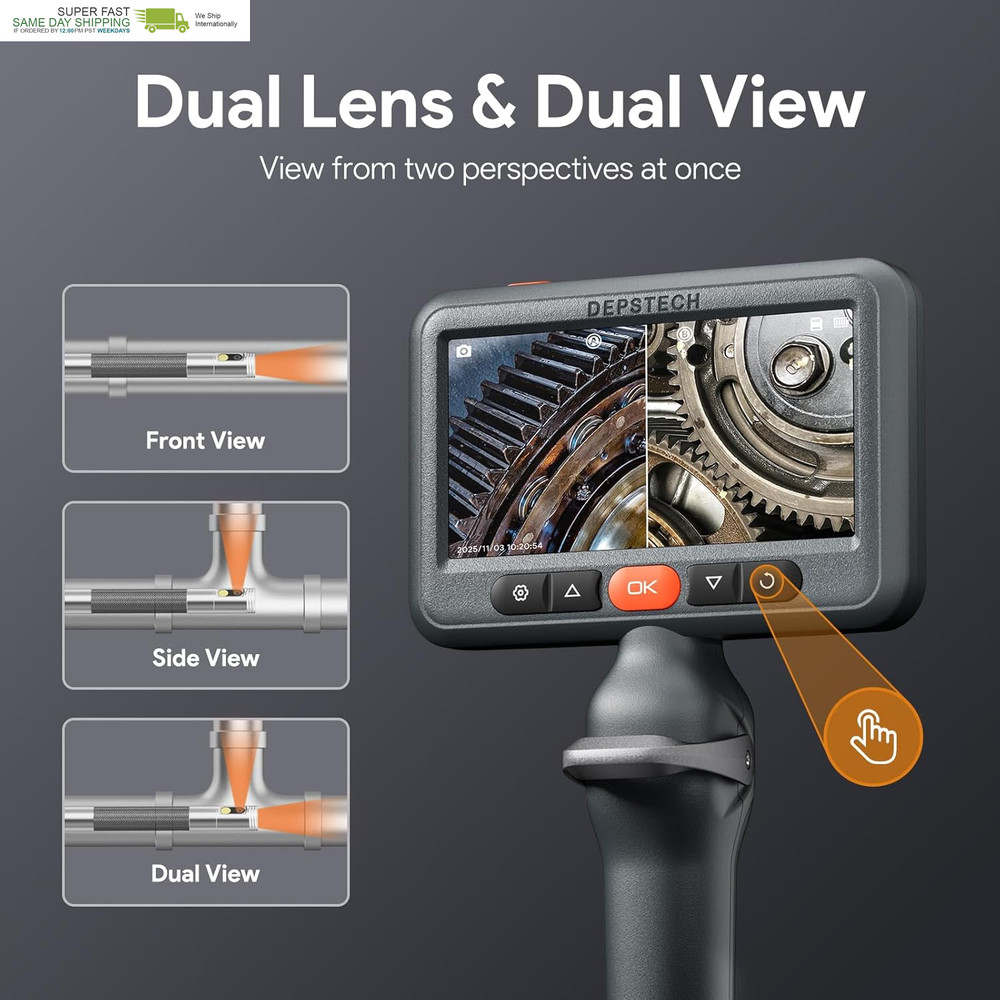Dual Lens Borescope Camera with Light, Two-Way Articulating Borescope, 5" IPS Du