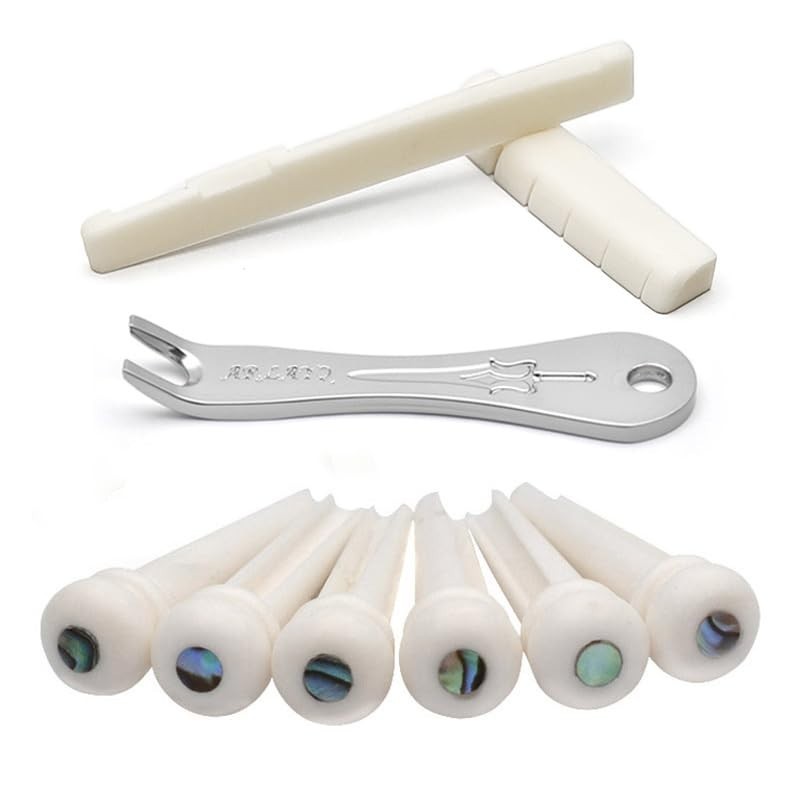 6-String Acoustic Guitar Bone Bridge Saddle & Nut, 6 Bridge Pins + Puller Tool