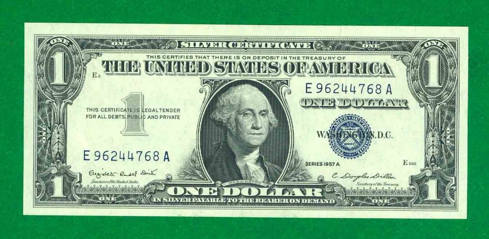 $1 1957-A 1 E/A BLOCK BLUE SEAL SILVER CERTIFICATE CU.
