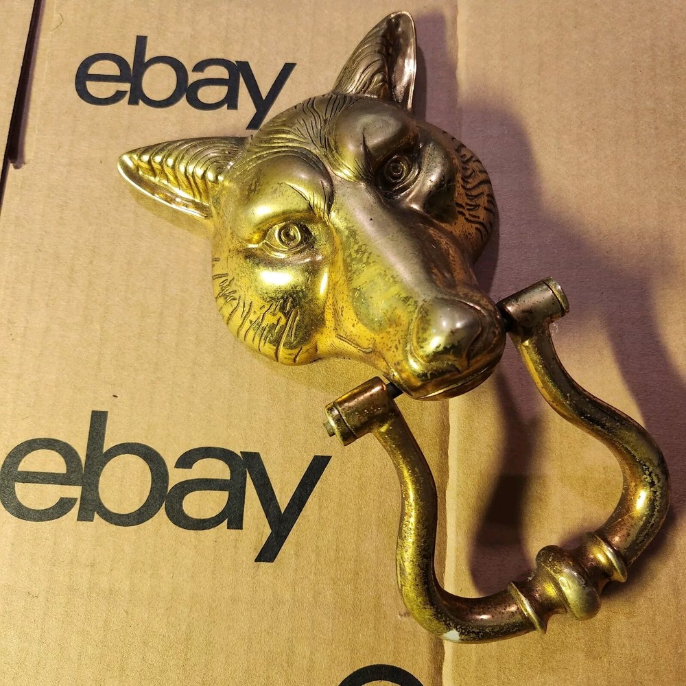 VINTAGE WOLF HEAD BRASS DOOR KNOCKER With Hardware
