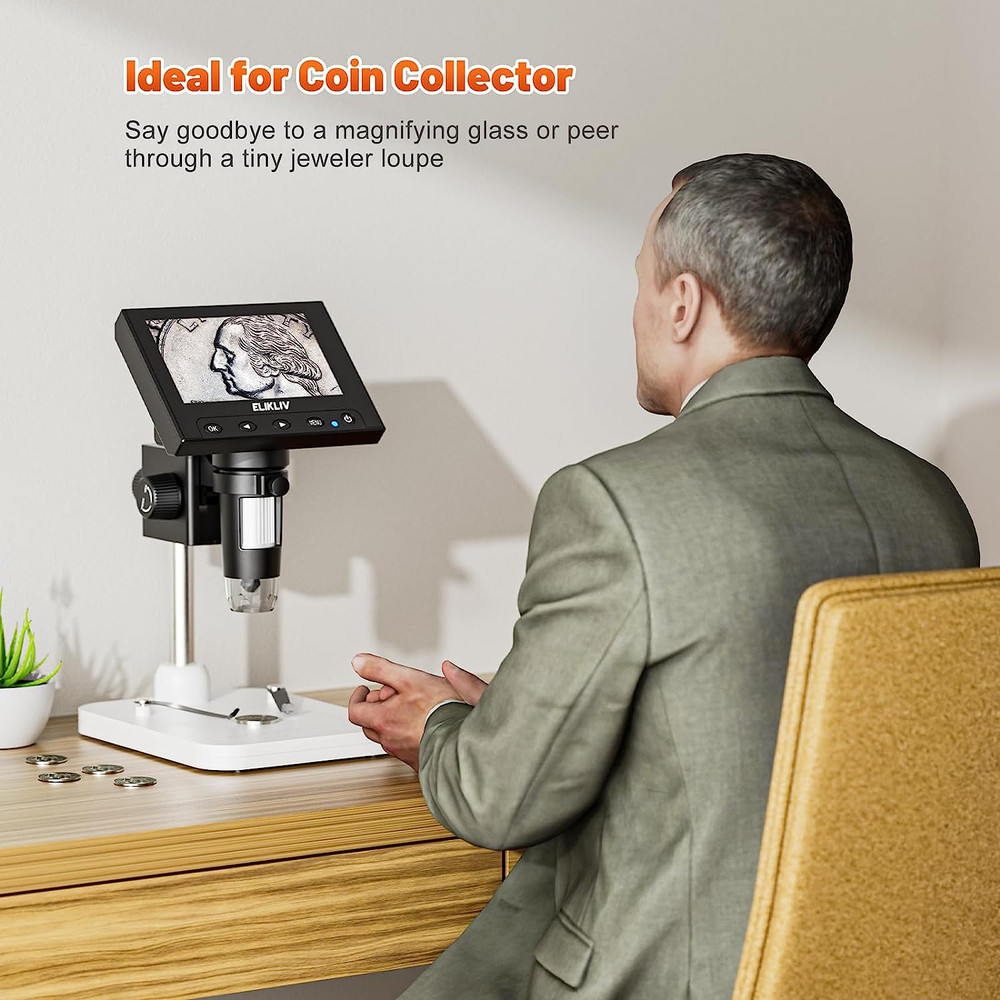 Microscope, LCD Digital Coin Microscope 1000X, Coin Magnifier with 8 Adjustable