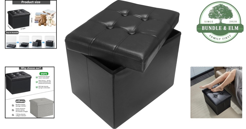 Compact Rectangular Footstool with Storage, Leather Upholstery, 17 x 13 Inches