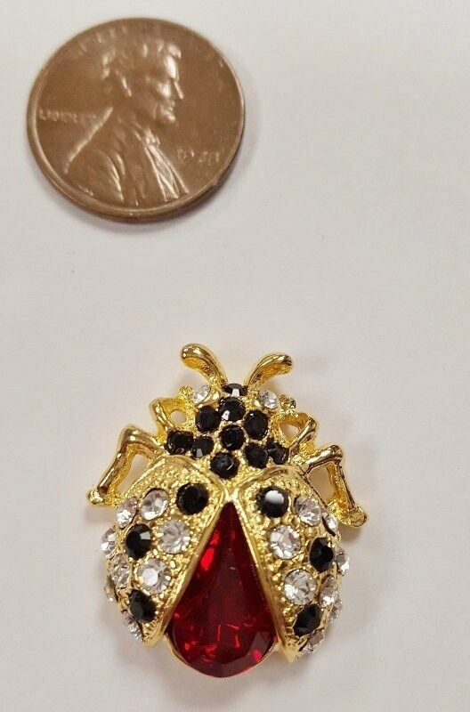 1 Retro Crystal Ruby Jet Rhinestone Ladybug Gold 26x23mm. Cabochon Finding E210