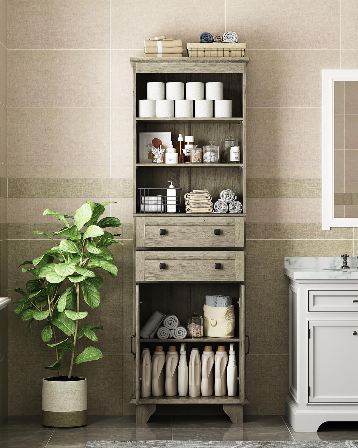 72" Farmhouse Storage Cabinet,Tall w/ 2Drawers,Adjustable Shelves and Barn Door