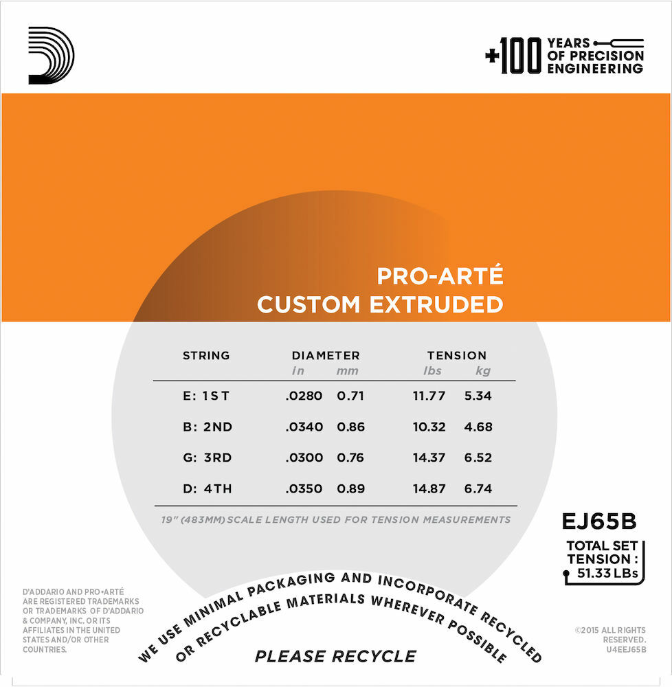 D'Addario EJ65B Pro-Arté Custom Extruded Nylon Ukulele Strings, Baritone