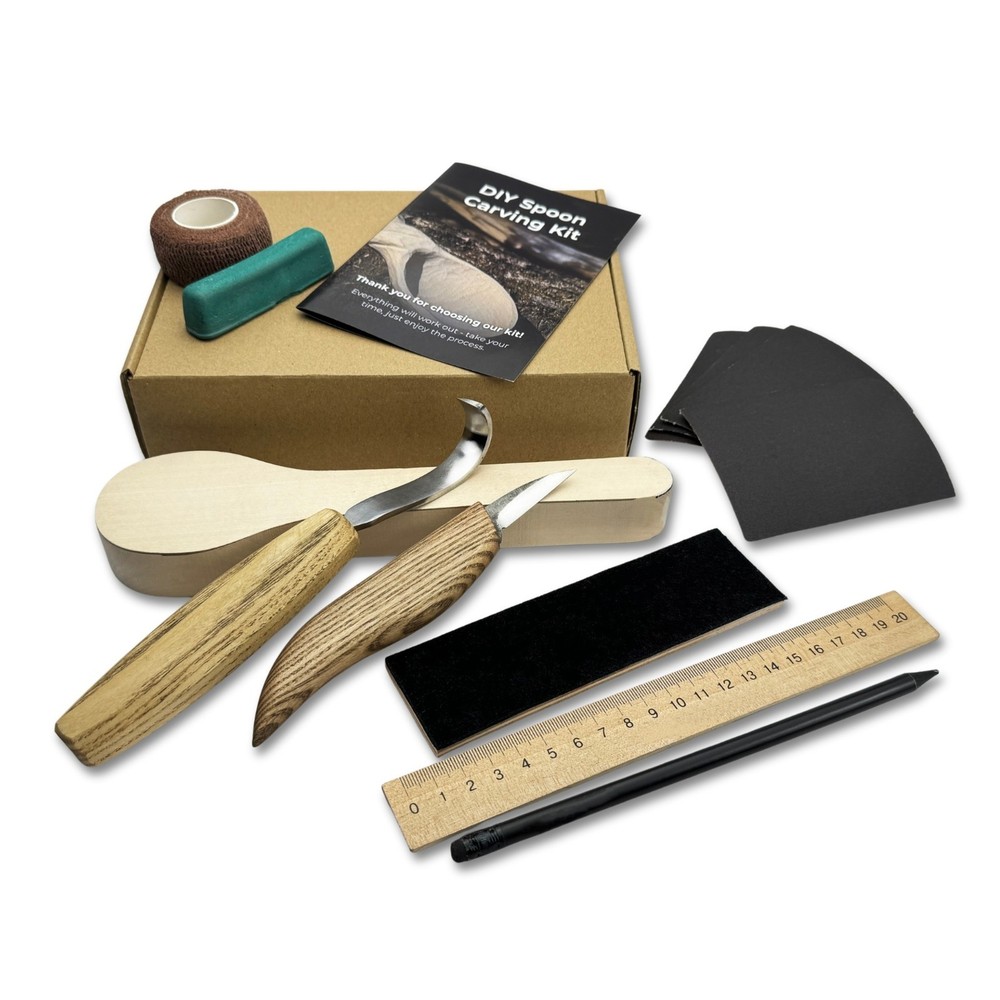 Spoon Carving Kit for Beginners. DIY Carving Set with Hook Knife & Tools.
