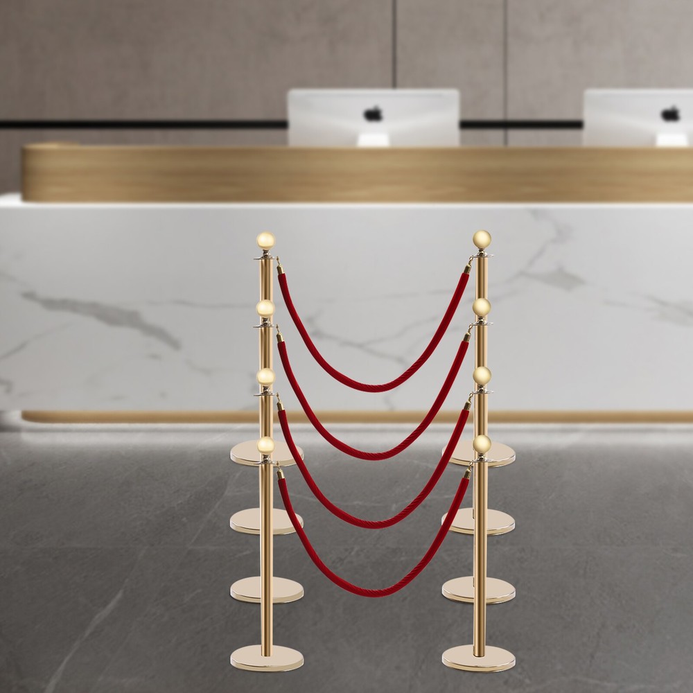 8 PCS Crowd Control Stanchion Gold Posts Set with Red Velvet Rope Queue Barrier~