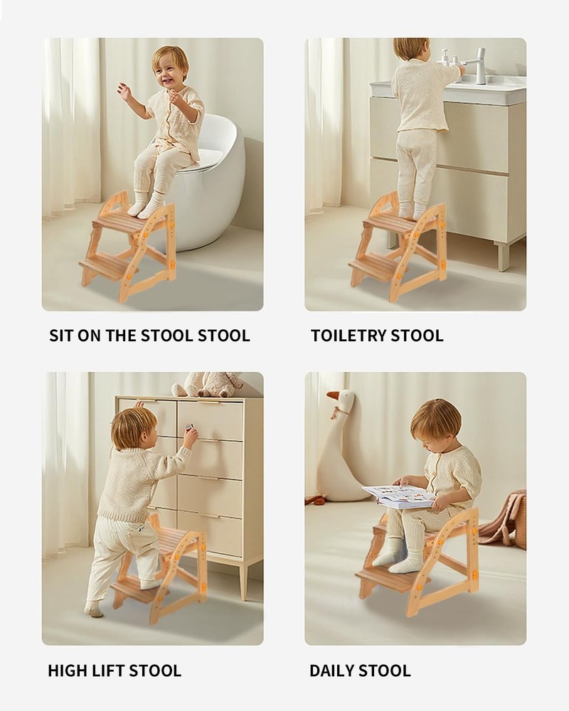 AIMOADO Wooden Two Step Stool for Kids - Adjustable Height, Pine Wood